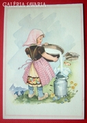 Gyermek képeslap - Kislány tejeskannával