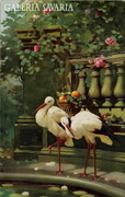 Gyönyörű Stengel képeslap: Gólyák a rózsalugas alatt