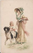 Régi antik képeslap levlap jelenet kézzel kutya gyerek an