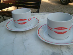 Old Zsolnay thick-walled modern mugs with small plates