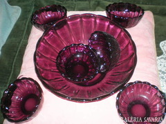 Gyönyörű lila üveg kompótos készlet, ép 24,5 átmér