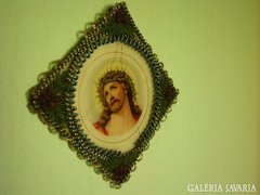 Antik " Jézus" kép gyöngy díszitéssel