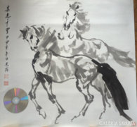 Kínai paripák, lovak tusfestmény akvarell 