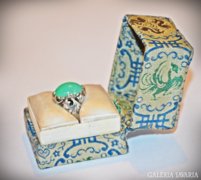 Antik Szecessziós Zöld Jáde Ezüst Gyűrű Selyem Dobozban