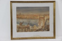 Original Paál Albert marked painting Budapest first old Elizabeth bridge Pest Danube promenade 1936