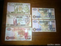 5db különféle zambiai kwacha bankjegy(UNC)