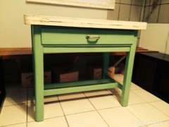Régi Zöld-fehér Fenyőfa Asztal Kihúzható Gyúródeszkával