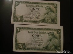 Spanyol 5 peseta 2 db,sszk 1954!!
