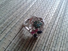 Smaragd, rubin és zafír köves ezüst gyűrű