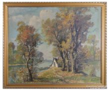 0C186 Jelzett olaj vászon Tiszapart festmény