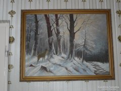 Téli Erdő Tájkép Őz Szarvas Olaj Vászon Festmény