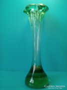 Large green blue metal oxide rimmed crystal glass vase with 30 cm thick walls, heavy