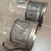Régi orosz ezüstözött filigrán pohártartó üvegpoharakkal