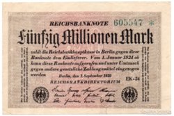 Németország 50millió német Márka 1923 nagy zöld csill. sorsz