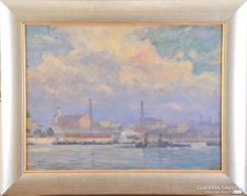 Adolf Dietrich (1869-1953): view of the Danube with barges