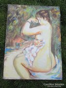 OIL CANVAS NUDE WOMAN AT THE WATER 63X 46 FRAMELESS