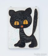 Fekete macska iparművész kerámia falidísz