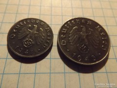 Antik Horogkeresztes érme, 1 ,és 10 Pfennig 1941-43  A  !