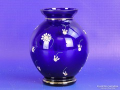 0F516 Virágdíszes kék színű parádi üveg váza
