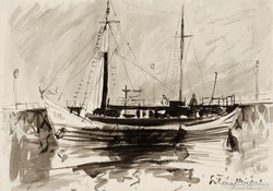 Nándor Szilvásy: Ship in the Harbor, Charcoal/Paper