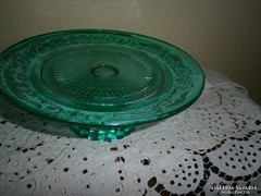 Zöld  talpas üveg süteményes tál 
