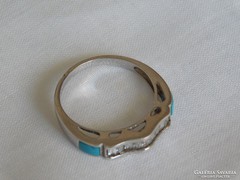 925 Silver Rhodium-Plated Women's Ring with Genuine Turquoise and White Topaz Stones
