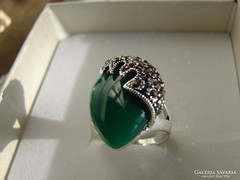 925 ezüst gyűrű  Zöld achát kővel és markazittal 