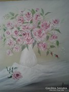 Rózsák fehér vázában c . festmény , csendélet