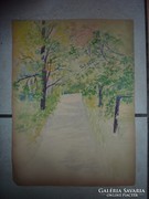 Walkway with green trees, old watercolor. Leányfalu 1986