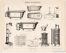 Fürdők és zuhanyok, Pallas nyomat 1896, eredeti, antik