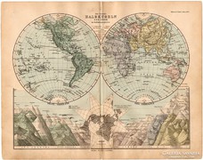 Világtérkép, a Föld féltekéi 1893, eredeti, német