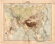 Ázsia hegy- és vízrajzi térkép 1893, eredeti, német, antik