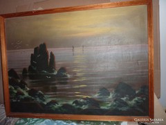 Kőrösy balogh: rocky beach at sunset, oil on canvas