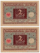 Németország 2 német Márka, 1920, UNC, 2 db sorszámkövető
