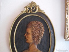 Barokkos  , régi ,  fatáblára faragott , karakteres  úrihölgy