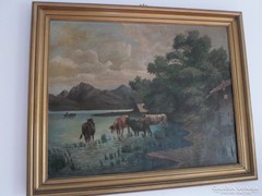 Herd of oil painting buffaloes