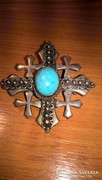 Gyönyörű antik türkiz köves medál-bross