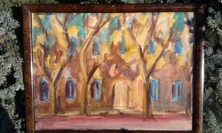 CZÓBEL: Szentendrei utca, tájkép, akvarell