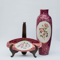 Hollóházi márvány mintás asztali készlet váza és kínálótál