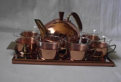 Art deco réz üveg kávés,teás készlet (kiöntő,tálca,6 csésze)
