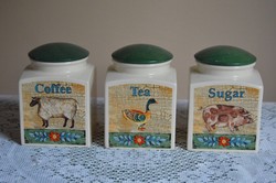Angol Jelzett Kávé,Cukor,Tea Tartó 3 darabos Porcelán szett Tetővel