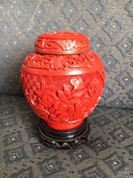 Kínai cinóber vörös faragott fedeles váza