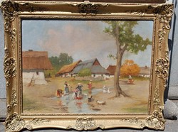 Neógrády Antal ( 1861-1942) olajfestménye: Libapásztorlányok a csermelynél mosnak