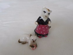 Mini, miniatűr porcelán cica mama és cica baba, hibátlan
