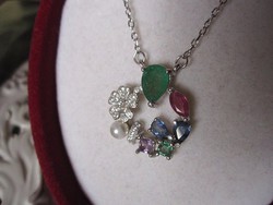 Smaragd, rubin, zafír, ametiszt, igazgyöngy ezüst nyakék