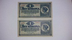 Egy  korona 1920 -as,2 db  sorszámkövető nagyon szép   bankjegy!