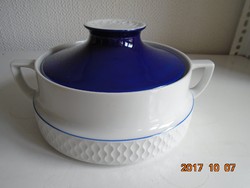 Mid century new cobalt blue lidded serving tray with relief grid pattern, rosette tongs