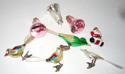Antik üveg karácsonyfa dísz , csiptetős madár ,csengő ,Mikulás 8db