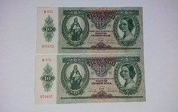 10 Pengő 1936-os,2 db sorszámkövető Hajtatlan  UNC bankjegyek!