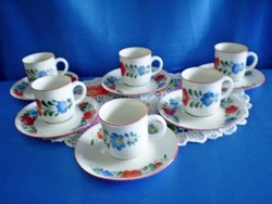 Különleges festésű Kalocsai porcelán kávés készlet 6 személyes csésze és alátét